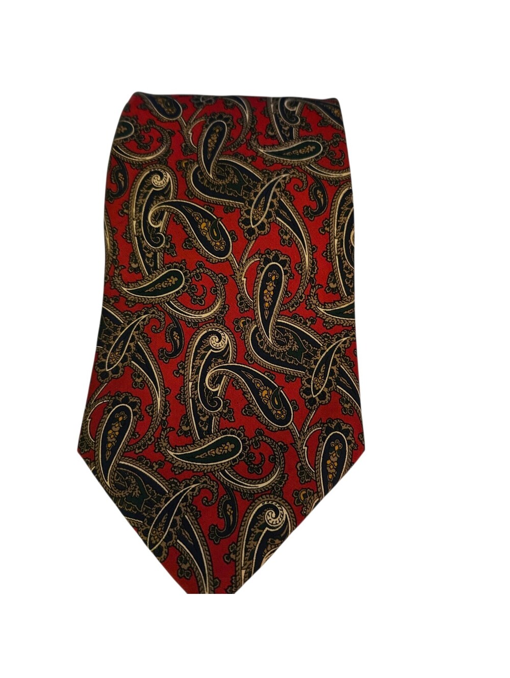 Men’s Red Paisley Necktie Classic Vtg Style Silk Look Blue Gold Elegant Tie
